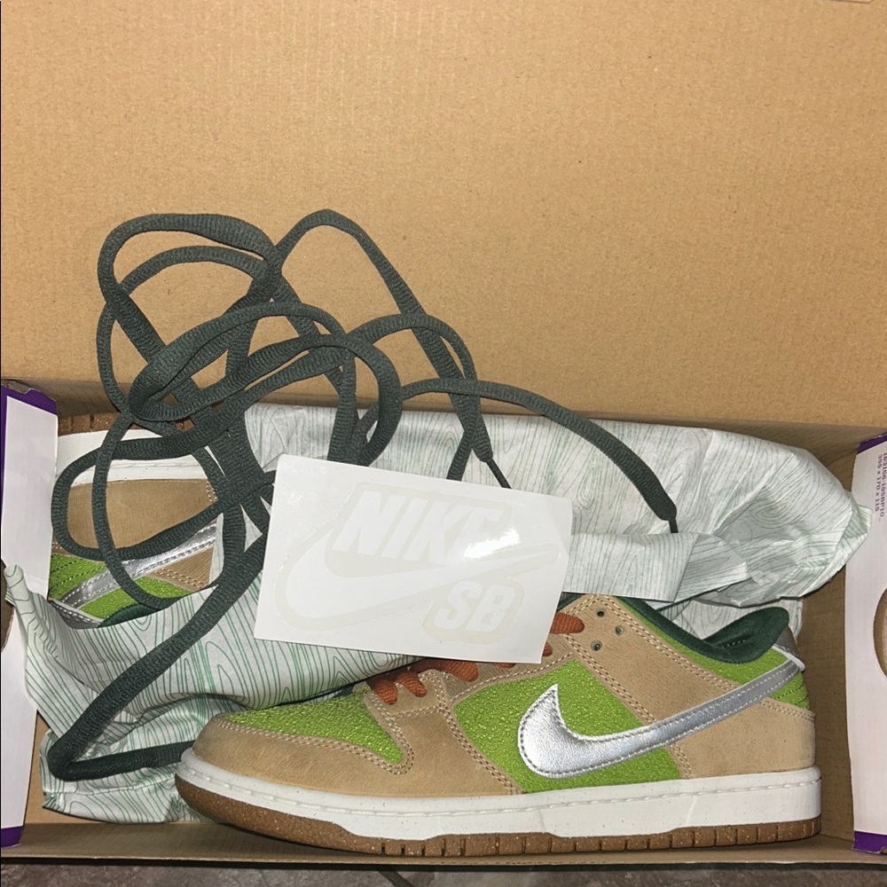 Brand new Nike SB Dunk Green and Beige Sneakers with Silver Swoosh
